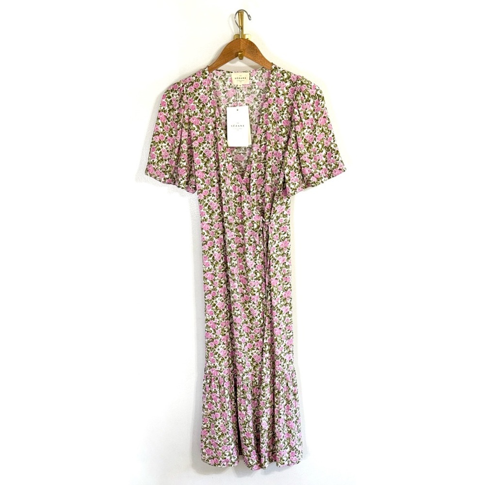 Sezane Pink Floral Wrap Midi Dress View 2